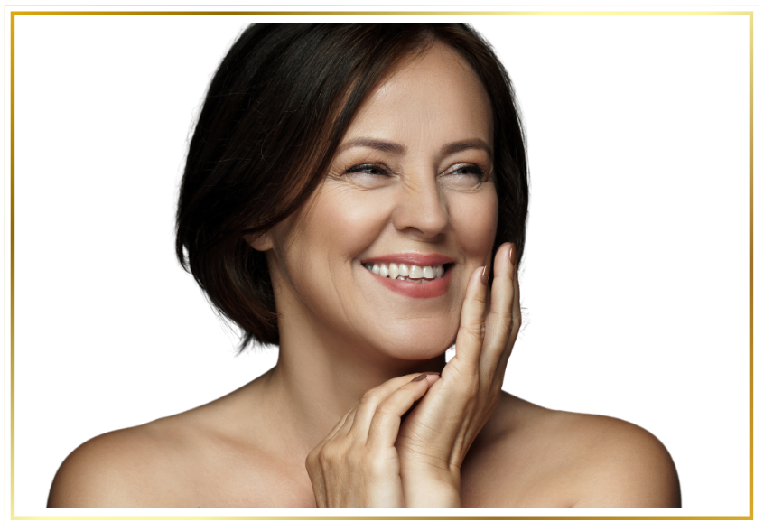 a woman smiling with her hands on her face