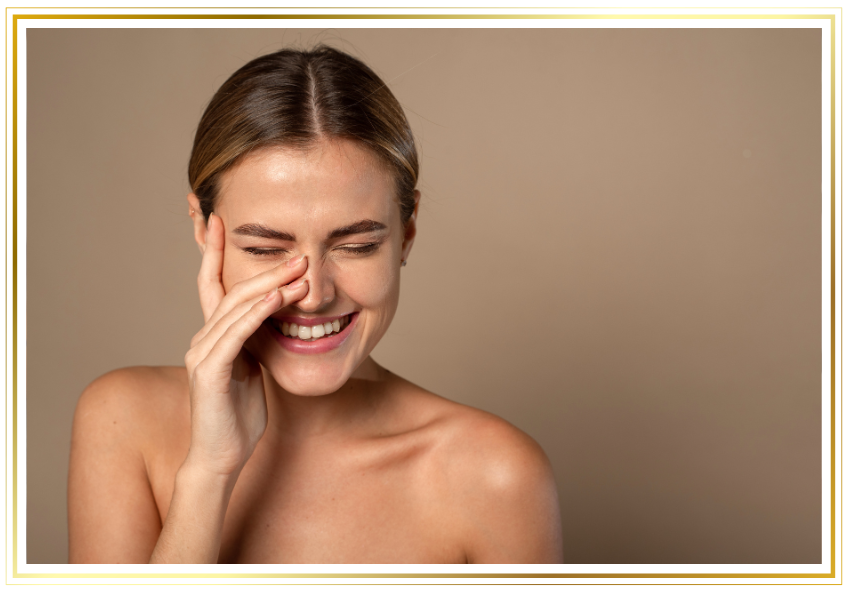 a woman smiling with her hand on her face