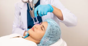 Woman receiving facial laser treatment in a clinic, eyes closed, wearing a surgical cap, with sun exposure precautions in Melbourne and Tampa, FL.